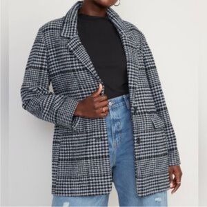 Old Navy oversized relaxed blazer jacket coat wool blend black plaid XL